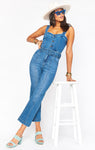 Denim Thick Straps Button Front Stretchy Belted Jumpsuit