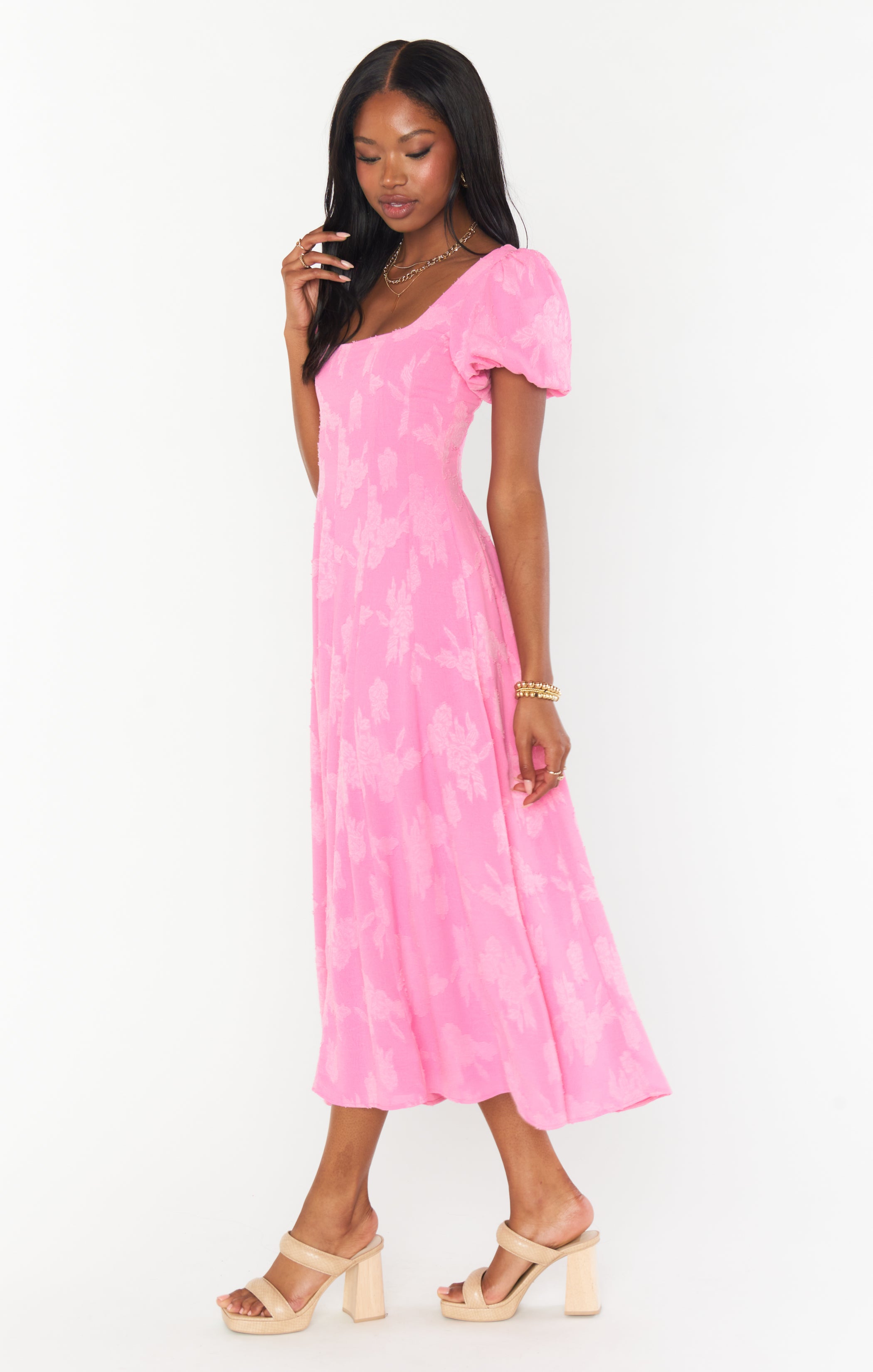 Mia Midi Dress ~ Pink Clip Floral