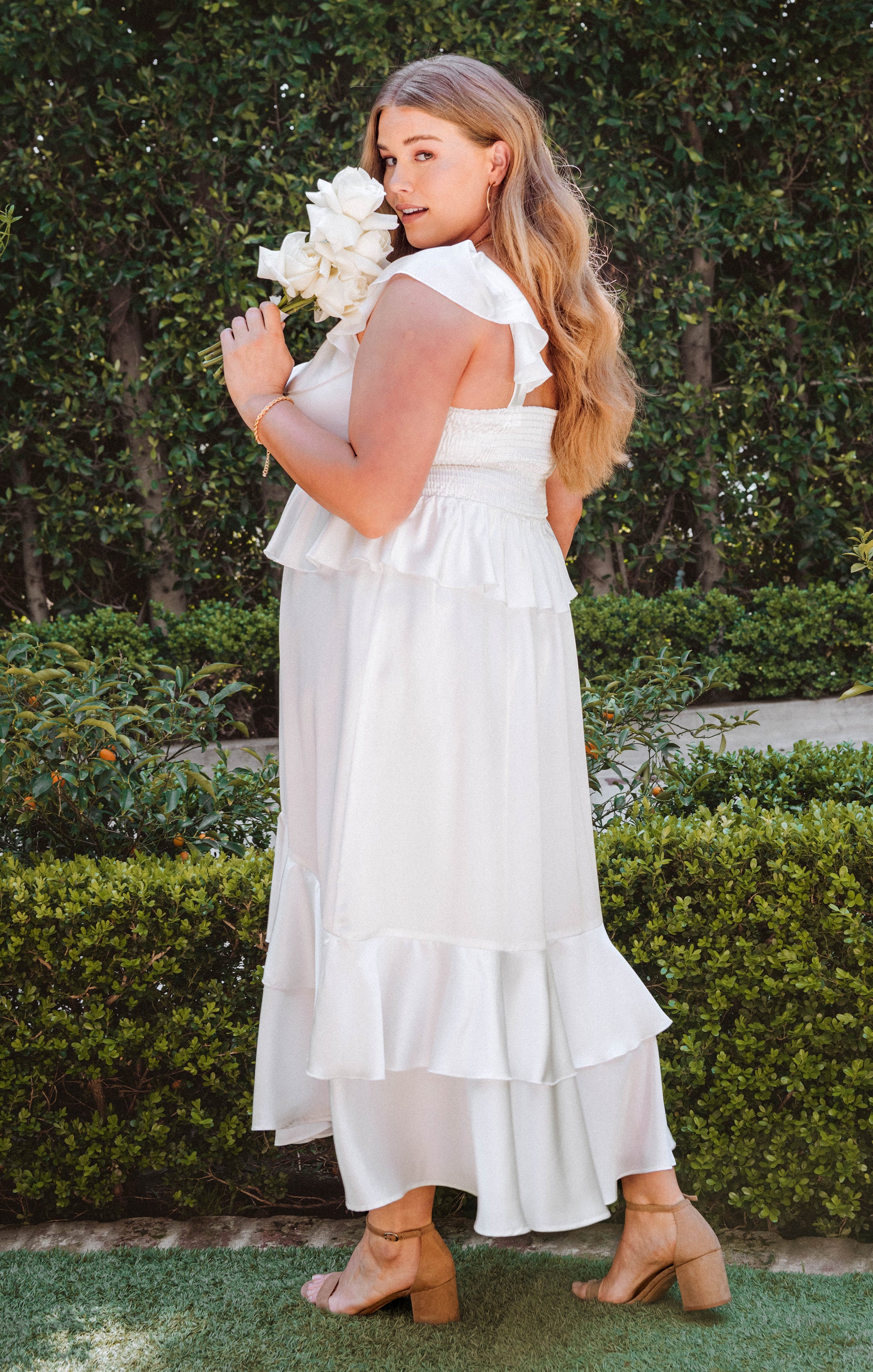 Reese Ruffle Dress ~ Ivory Luxe Satin