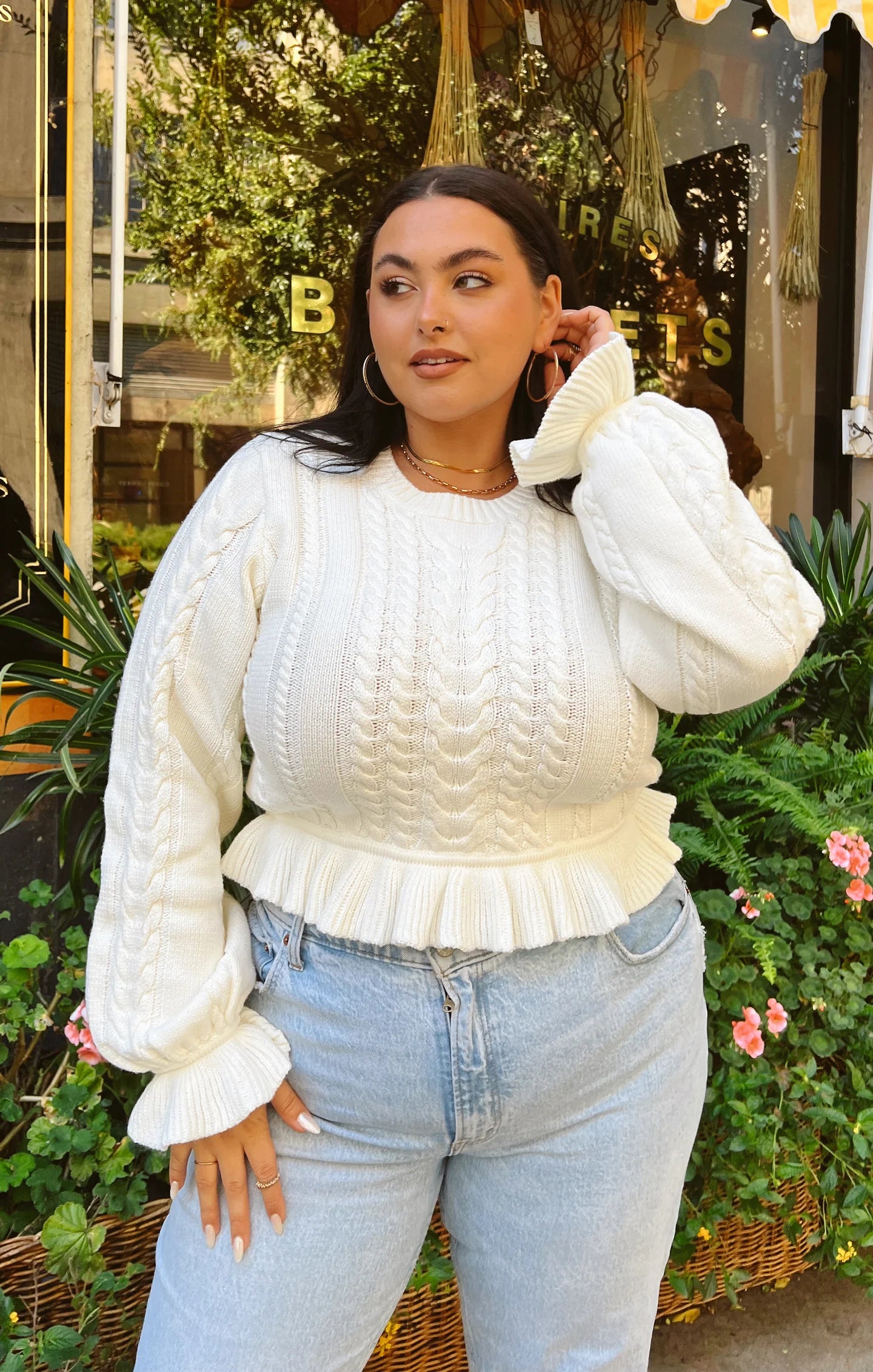 white ruffle sweater