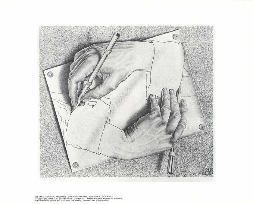 Drawing Hands, 1988 by M. C. Escher 10 X 12" (Offset Lithograph