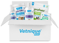 Shipping box displaying Vetnique logo opening up to reveal an array of pet products.