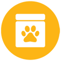 Circular yellow icon with a vitamin container representing All-In-One dog vitamins.