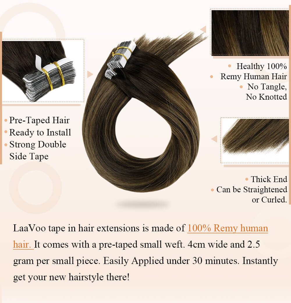 Le ruban adhésif LaaVoo dans les extensions de cheveux est composé à 100 % de cheveux humains remy pré-collés, prêts à être installés. Le ruban adhésif double face solide peut être bouclé et lisse.
