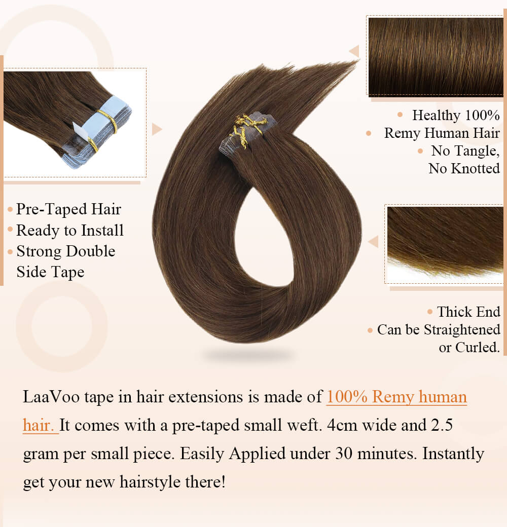 LaaVoo tape in hair extensions is made of 100% remy human hair pre taped hair ready to install strong double side tape can be curlied straightered silk smooth human hair