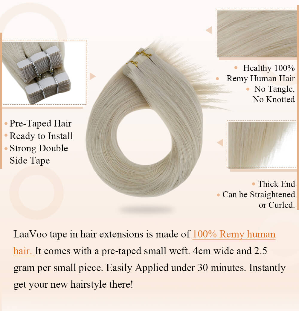 LaaVoo Tape in Hair Extensions besteht aus 100 % Remy-Echthaar. Vorgeklebtes Haar, fertig zum Anbringen, starkes doppelseitiges Klebeband, kann gekräuseltes, geglättetes, seidenglattes Echthaar sein