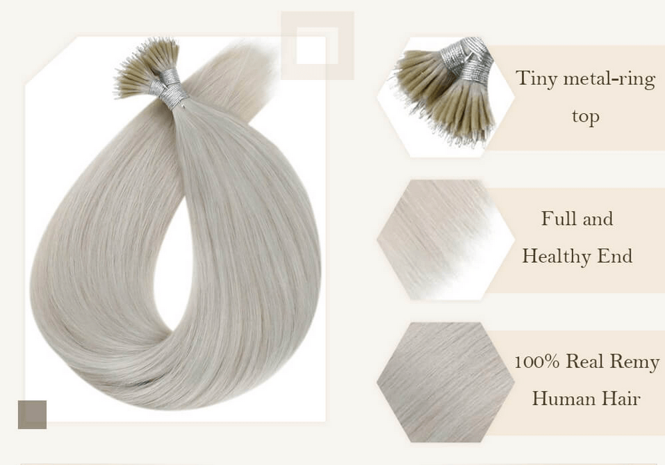 Minuscule anneau en métal fin complet et sain 100 % vrais cheveux humains Remy. Le nano anneau est composé d'un minuscule anneau en métal fusionné à froid par une petite nano-perle. Pas besoin de chauffer le haut qui n'endommage pas vos cheveux.