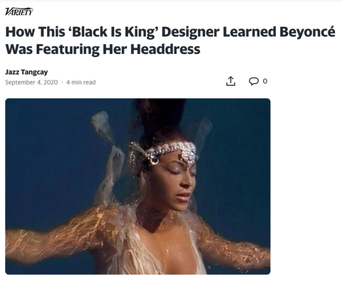 Beyonce wearing Object & Dawn Rushi headpiece in Black is King