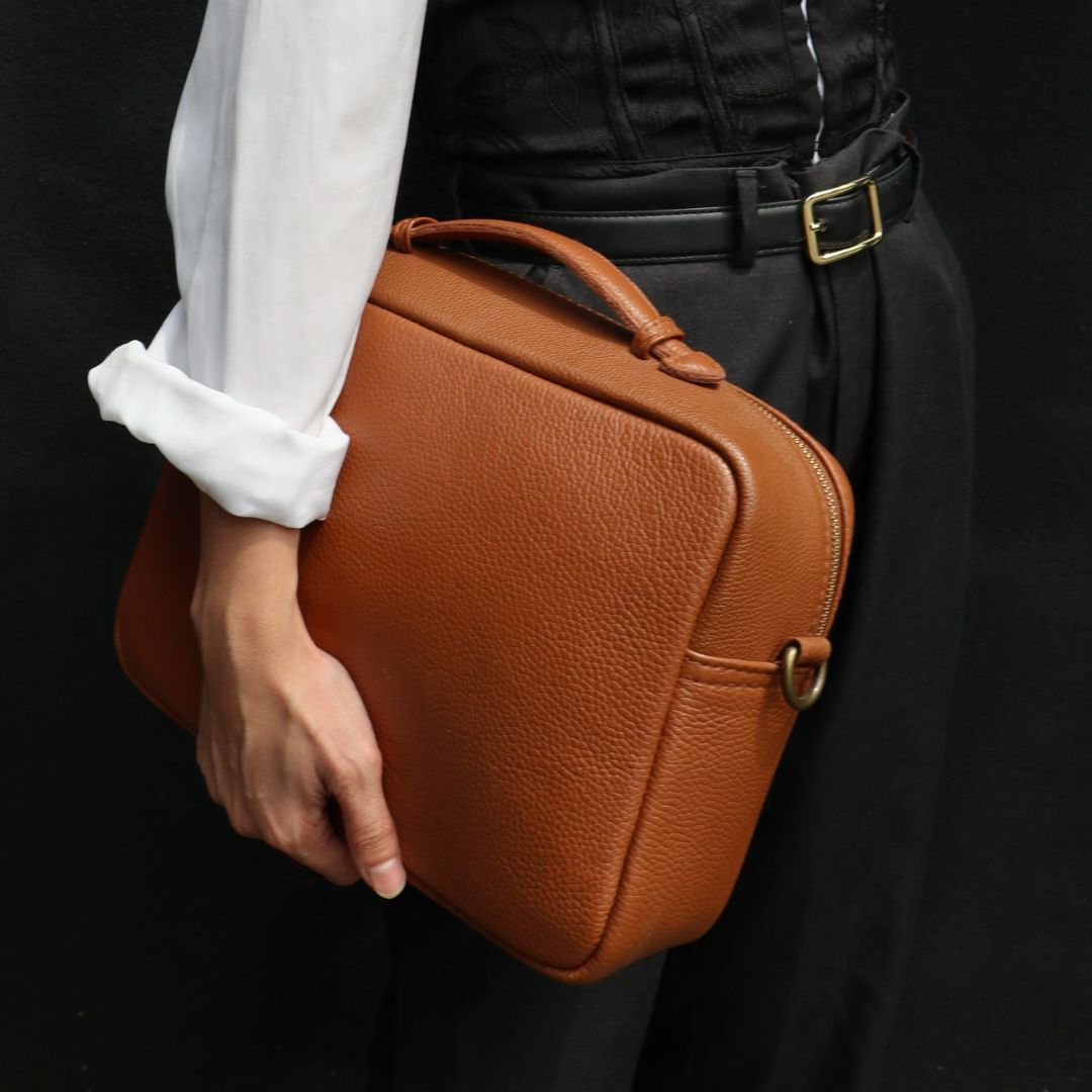 brown leather box bag with top handle