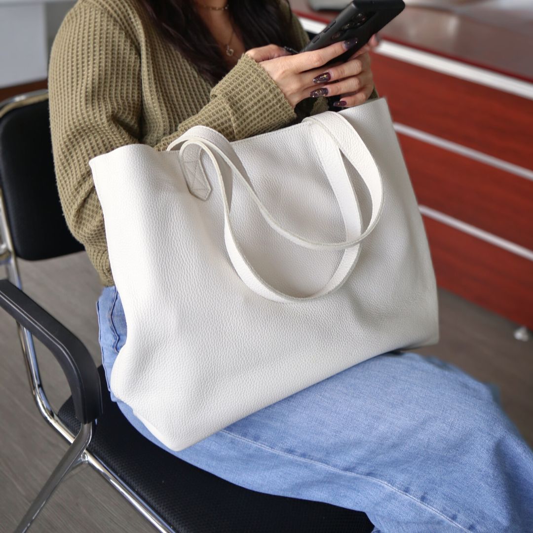 slouchy leather tote in white