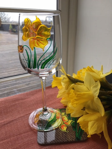 Hand Painted Daffodil Wine Glass