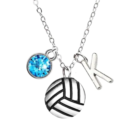 Personalized Volleyball Necklace with Initial and Birthstone Charms