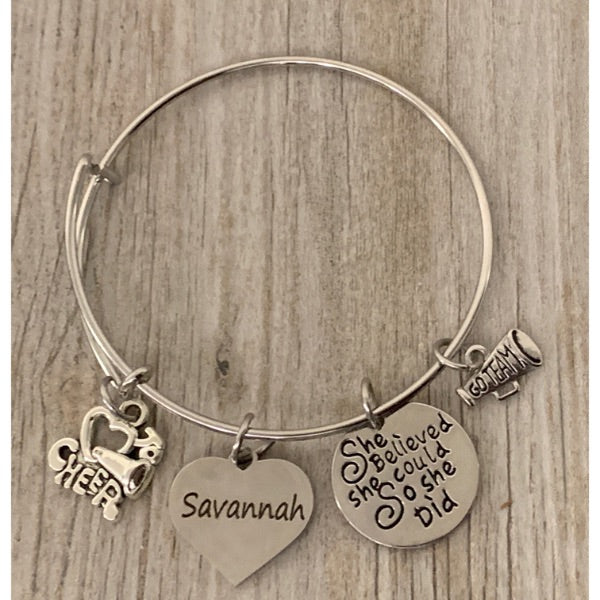 Personalized Cheer Bangle Bracelet with Engraved Name Charm