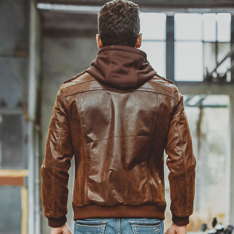 leather moto jacket with removable hood