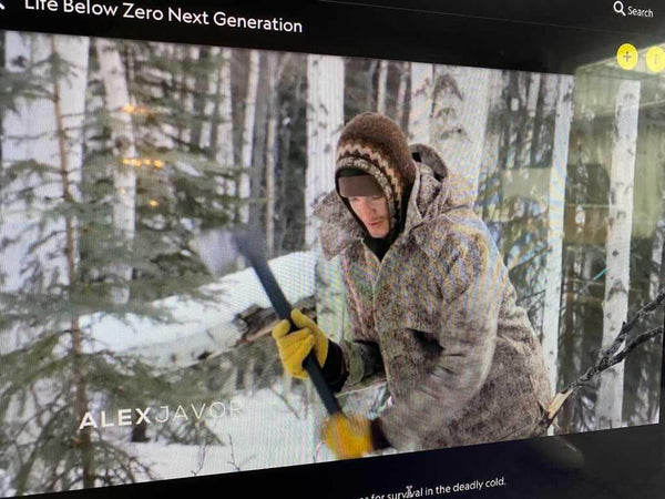 WeatherWool is proud to appear on National Geographic’s cold-weather-lifestyle series Life Below Zero Next Generation. In this photo, Alex Javor wears our All-Around Jacket in Lynx Pattern.