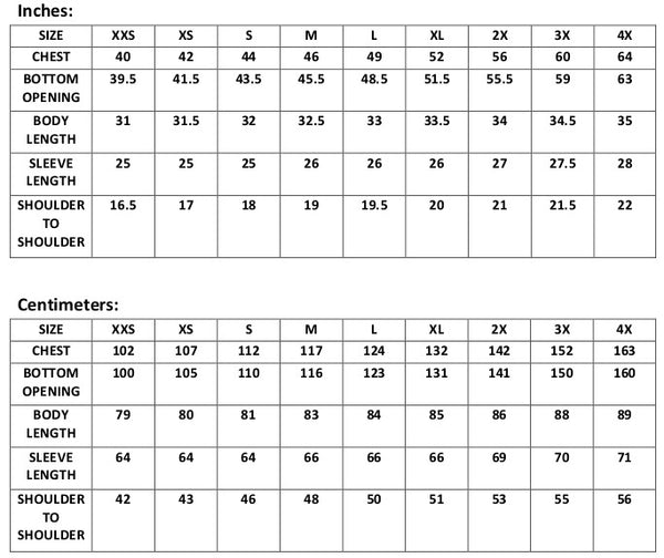 WeatherWool Anorak Size Chart in inches and in centimeters