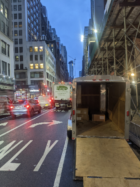 Loading up the trailer with WeatherWool Anoraks in the Garment District of NYC ... at sunup, 1 February 2023