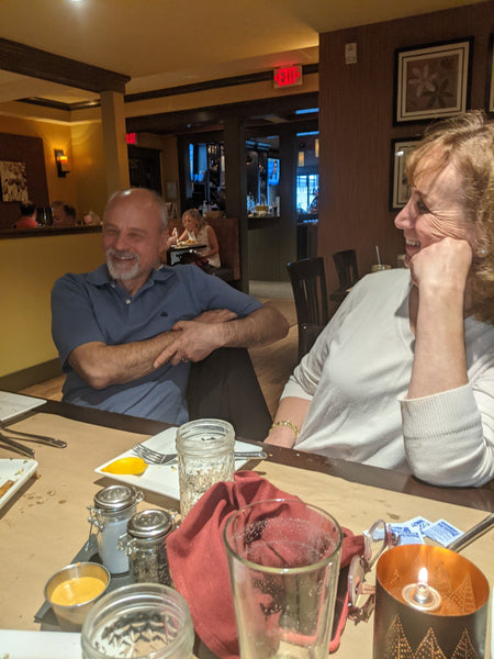 Giuseppe Monteleone, Plant Manager at American Woolen, whose role is pivotal in turning WeatherWool clean fiber into WeatherWool Fabric. Here, Giuseppe enjoys dinner with Debby of WeatherWool.