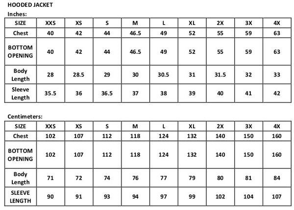 WeatherWool Hooded Jacket Sizing Chart