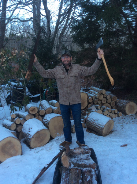 WeatherWool Advisor Mike Dean bucking and splitting firewood with hand tools in his MidWeight ShirtJac in temperature of about 18F/-8C