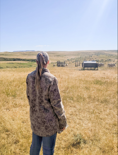 Kirsten Innes, on the Innes Ranch, in her WeatherWool CPO Shirt in MidWeight Lynx Pattern.