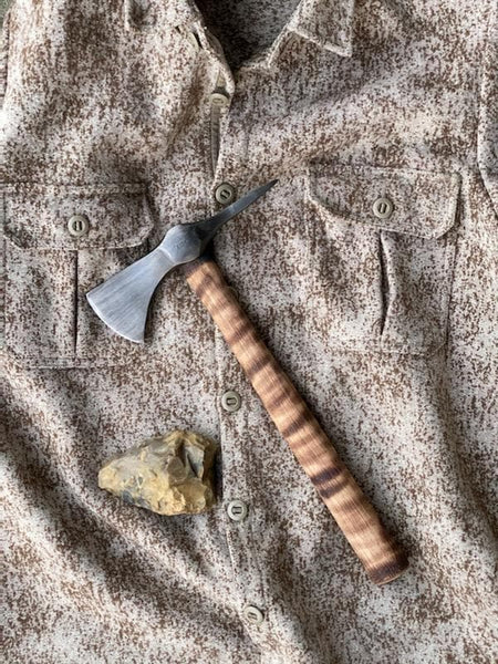 WeatherWool is very pleased to see our ShirtJac with an original Jerry Fisk Throwing Hatchet.  Also is the photo is a Magdalenian Hand Ax made in England about 15,000 years ago.