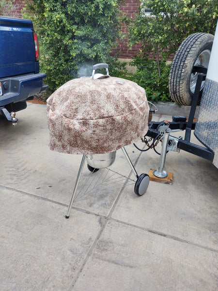 Steven Hill, Founder of TheOriginalSmokingJacket.com, used some WeatherWool FullWeight Lynx Pattern Fabric to make his first Smoking Jacket / Barbecue Grill-Smoker cover!!