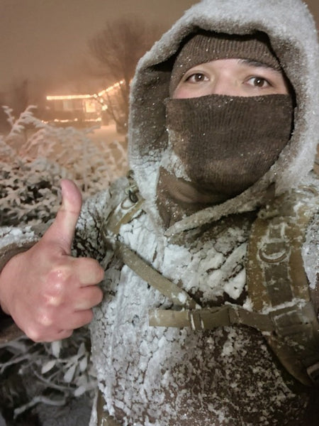 US Marine Corps Veteran Michael Riddle testing his WeatherWool Anorak:  “No gloves. No layers. Just a cotton shirt and the fullweight duff XL anorak with your watch cap and neck gaiter, in a Utah squall at 5-10 degrees F with 35-40 mph gusts of wind and heavy snow. Stayed toasty and bone dry.”