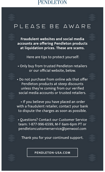 WeatherWool admires much of what Pendleton has done, and this warning about fraud is great advice. But it’s undercut by Pendleton’s own offerings of a 100% polyester, MADE IN CHINA, $25 blanket.