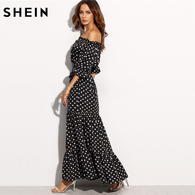 Shein Longues Dames Dété Noir Blanc Polka Et Femmes Robes