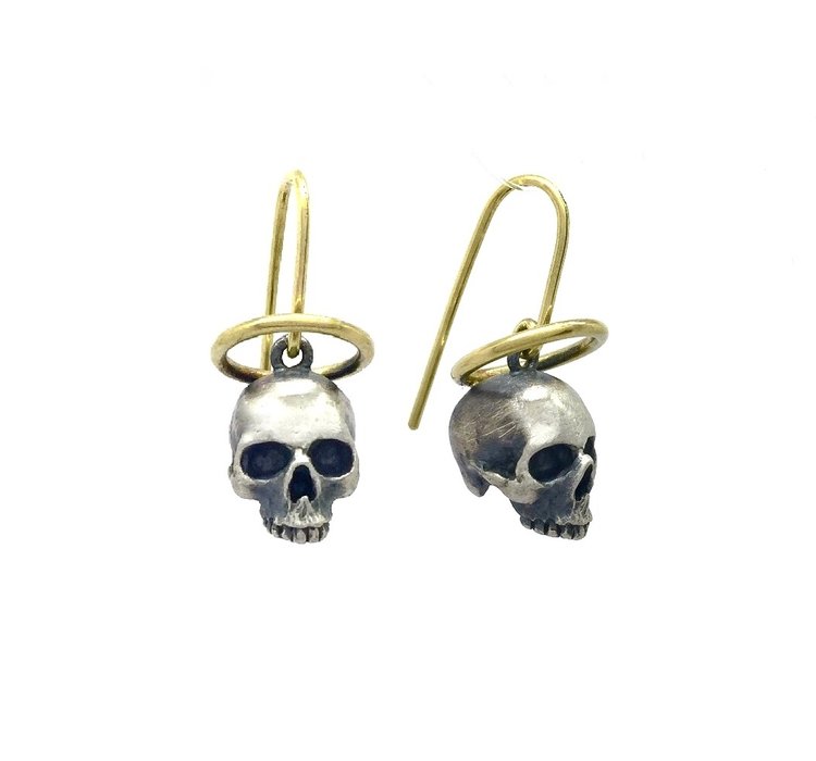 Saint Earrings-9k yellow gold/silver skulls
