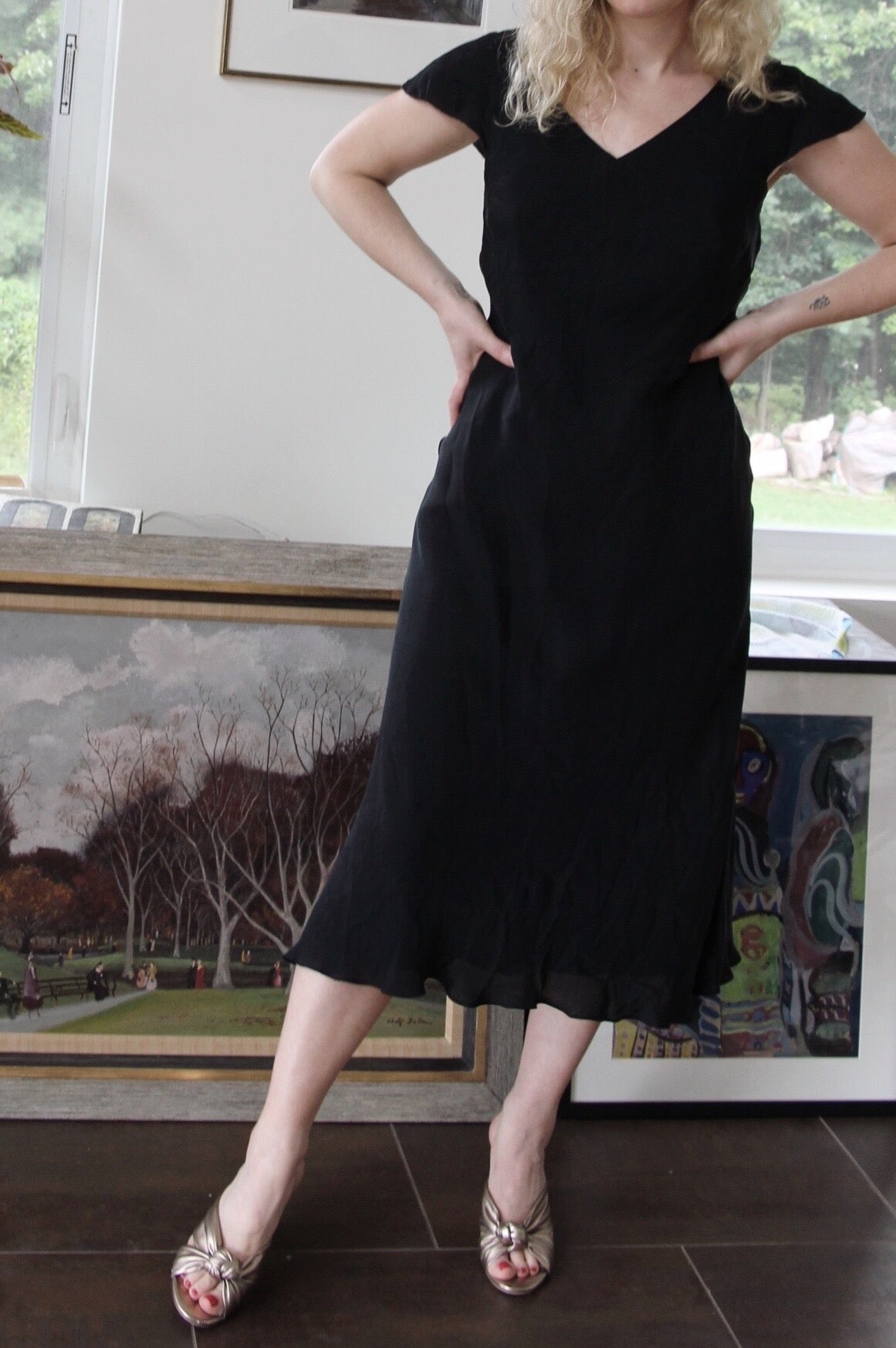 black silk midi dress