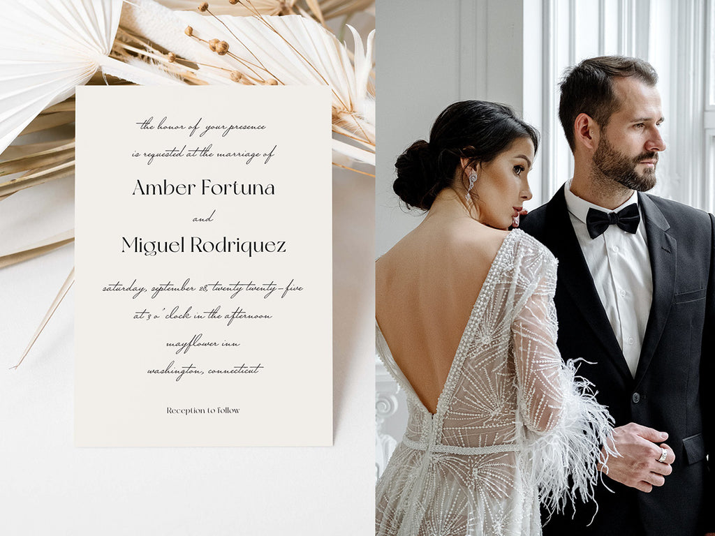 Left is the Amber Chic Wedding Invitation by Blu Rose Designs, Right is a photo of bride and groom in classic formal wedding attire.