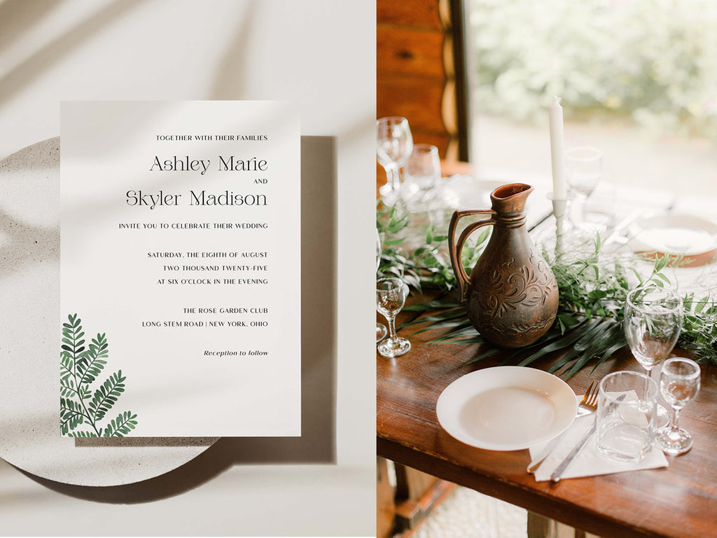 Left is the Fern Wedding Invitation by Blu Rose. Right is a simple greenery tablescape.