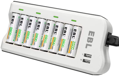 EBL AA/AAA/Ni-CD/Ni-MH Chargeur de piles à charge rapide à 8 fentes avec 2 ports USB, y compris 8 piles rechargeables AA 2800mAh - Beewik-Shop.com
