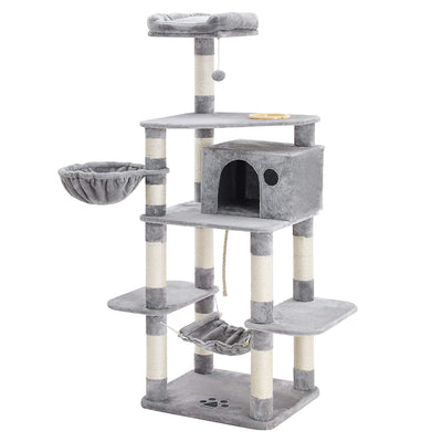 feandrea Arbre à Chat Hauteur de 174 cm Multi-Niveaux avec Bol, Panier, Niche Maison de Jeu Meubles pour Chatons, Chats et félins Couleur Grise Claire PCT99W - Beewik-Shop.com