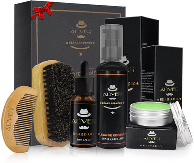 Kit de Soins de Barbe, huile à barbe kit 5 pcs,Huile à barbe naturel, d'une Pommade à barbe, Lavage de la barbe, Un peigne à barbe, Une brosse à barbe en Soie de Porc, Cadeau Idéal pour homme - Beewik-Shop.com