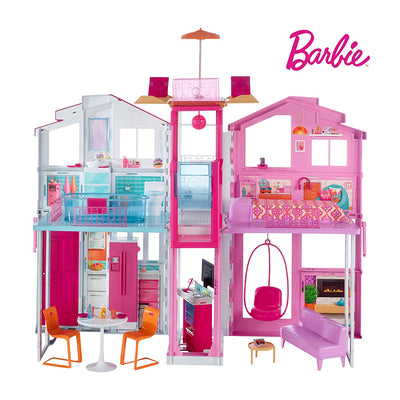 Barbie Mobilier Grande Maison de poupée de Luxe à 2 étages et 4 pièces dont cuisine, chambre, salle de bain et accessoires, jouet pour enfant, DLY32 - Beewik-Shop.com
