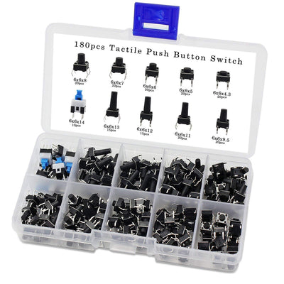 SODIAL Tactile Push Button Switch Micro-Momentary Tact Assortment Kit (6x6 Push Button Switch 180pcs) - Beewik-Shop.com