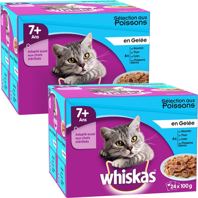 Whiskas sachets fraîcheur aux Poissons en gelée pour chats de 7+ 24x100g - Lot de 2 (48 Sachets fraîcheur) - Beewik-Shop.com