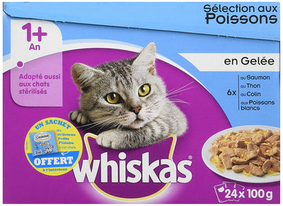 Whiskas sachets fraîcheur aux Poissons en gelée pour Chat 1 avec 24 x 100g - Lot de 2 (48 Sachets fraîcheur) - Beewik-Shop.com