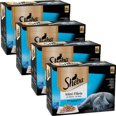 Sheba Mini Filets Sachets fraîcheur pour Chat Adulte, Sélection aux Poissons en Sauce 12x85g - Pack de 4 - Beewik-Shop.com