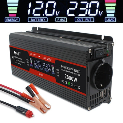 Onduleur 1500W/2000W/2600W Écran LCD sinusoïdal modifié 12V DC à 220V AC Transformateur solaire 2 USB pour voiture Convertir prise UE - Beewik-Shop.com