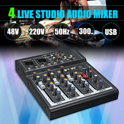 Mini table de mixage audio karaoké 4 chaînes Couleur Noir / Amplificateur à Microphone professionnel Console de mixage sonore avec Alimentation de 48V / Prise USB - Beewik-Shop.com