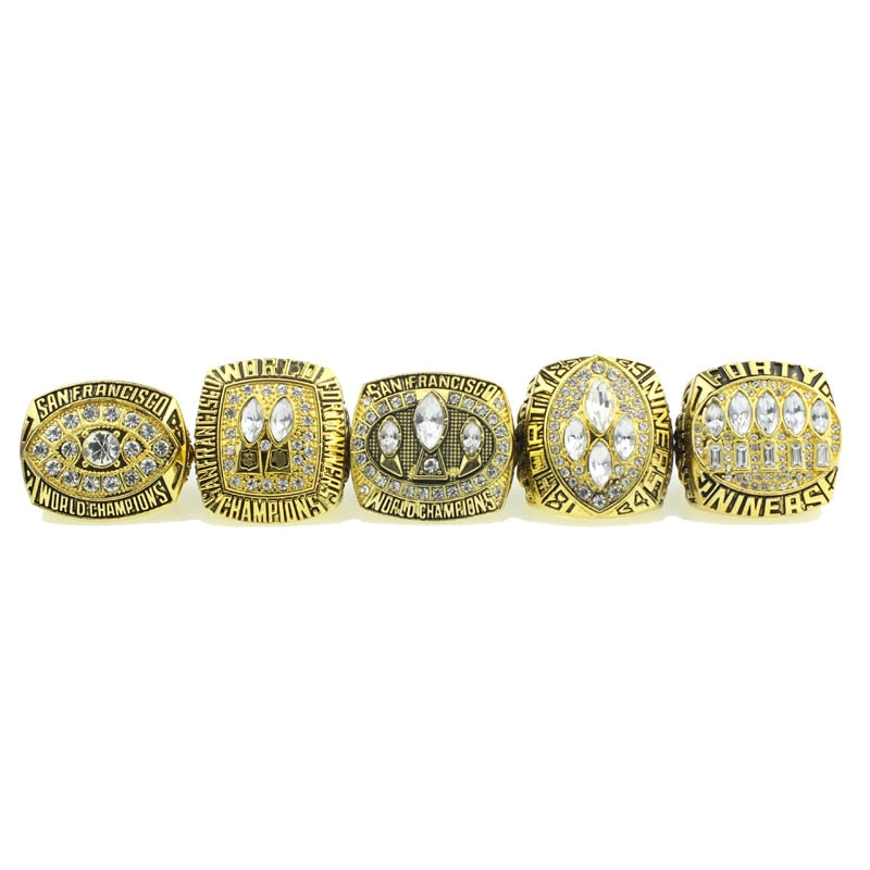 49ers All-Time Greats 23x31x2 Custom Framed Super Bowl Ring Display with  (5) High Quality Replica Super Bowl Rings