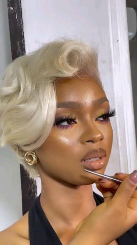 blonde Pixie cut lace wig with Bold Lipstick