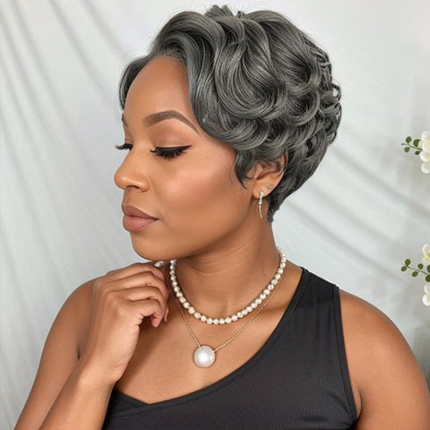 grey color Pixie cut  lace wig for black women