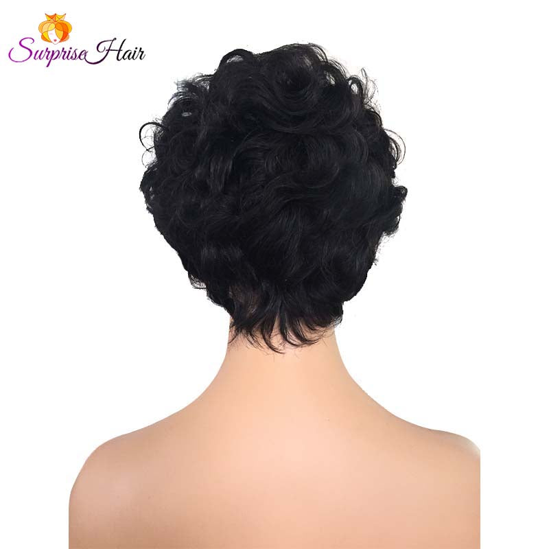 Short Curly Pixie Cut Lace Wig Brazilian Human Hair Natural Black Surp