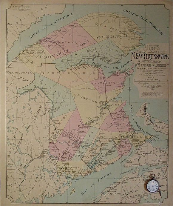 Map of the Province of New Brunswick and Eastern part (Gaspe Peninsula) of the Province of Quebec showing cities, towns and villages of population 400 or more, also Counties & Townships and Railways with Location of Stations, etc, …