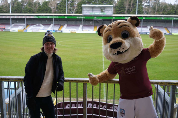 Janis Vitols with Terry the tiger at Eamonn Deacy Park with Galway United FC
